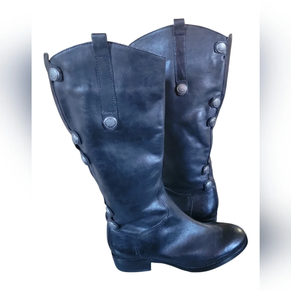 Arturo Chaing Black Leather Silver Button Embellished Pull on Boots Sz 7